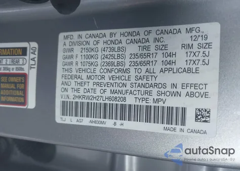 2020 Honda Cr-V Awd Lx из США, поврежденный, VIN 2HKRW2H27LH608208